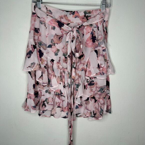 Iro Floral Light Pink Abstract Daring Wrap Flowy Layered Ruffled Mini Skirt 40 - Picture 8 of 16